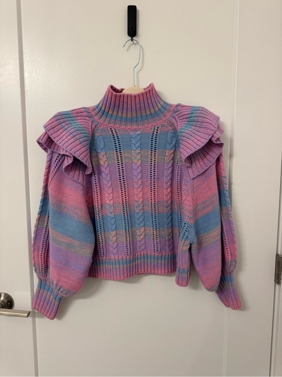 Something Navy Sweaters - Something Navy Pastel Ombre Cable Knit Ruffle Shoulder Sweater